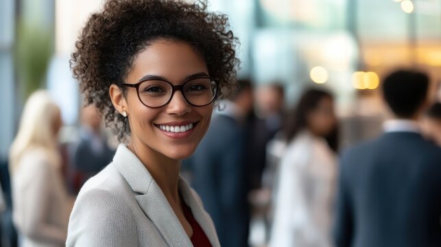 Successful businesswoman attending a corporate networking event with diverse colleagues in a modern office setting
