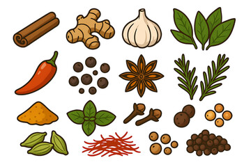 Collection of Culinary Herbs and Spices Vector Set.