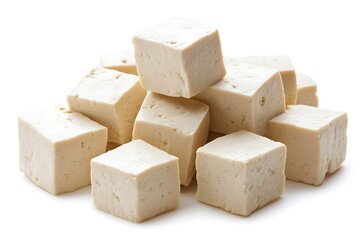 Pile of Tofu Cubes Isolated on White Background Firm, Fresh, and Neutral Flavored