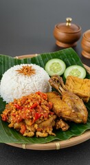 Spicy Ayam Geprek with Sambal on Banana Leaf Plate