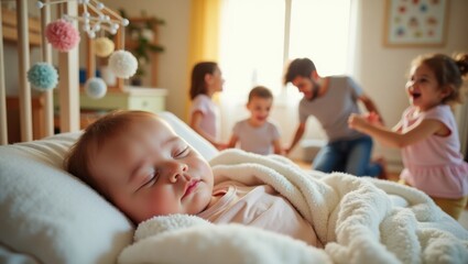 Peaceful Baby Sleeps While Dad and Siblings Play Nearby