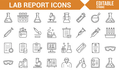 Icons of laboratory instruments, including microscopes, syringes, and laboratory report documents.