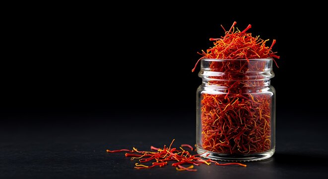 Glass jar filled with bright red saffron strands on dark background  