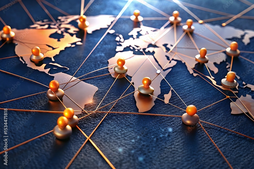 Wall mural social network connection concept with global communication links and technology structure