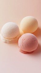 Delicious Ice Cream Scoop Trio Featuring Vanilla, Peach, and Strawberry Flavors Set Against a Soft Pastel Background