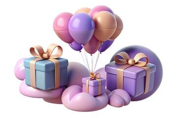 Isolated Purple and Blue Gift Boxes with Peach Ribbon and Balloons Render on White