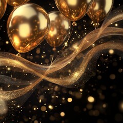 Golden Balloons Float Gracefully Against a Dark Backdrop, Illuminated by Shimmering Lights and Sparkling Effects at a Festive Celebration