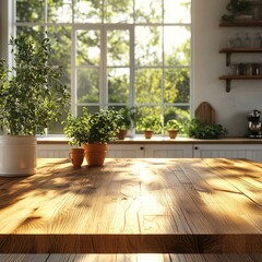 Bright Kitchen Filled With Natural Light and Potted Herbs on a Wooden Table in a Cozy Home During the Afternoon