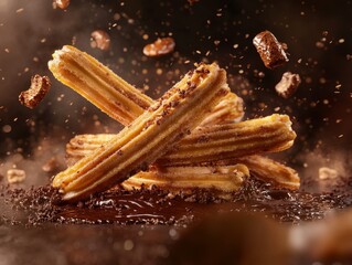 Freshly Made Churros With Chocolate Sauce Surrounded by Chocolate Pieces in a Dark Setting During a Dessert Preparation Session