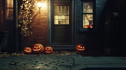 Spooky Halloween Night With Glowing Jack-O'-Lanterns on a Cobblestone Pathway