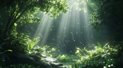 Sunlight Filters Through a Dense Forest Canopy, Illuminating Ferns and Undergrowth in a Serene Natural Setting