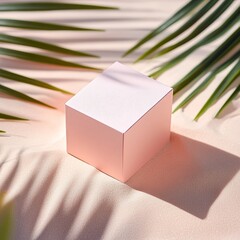 Simple Pink Cube Surrounded by Palm Leaves on Sandy Surface Highlighting a Minimalist Design in Natural Light