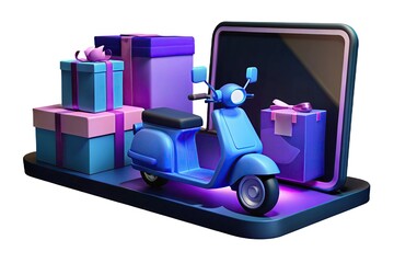 Smartphone with Blue Scooter and Stacked Gift Boxes on Isolated White Background