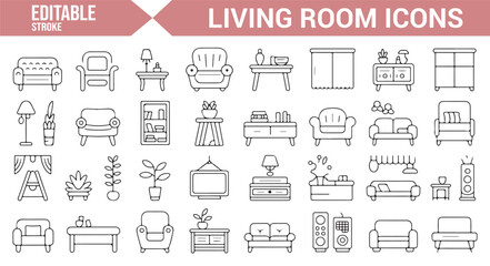 Collection of furniture icons for living room, including couches, tables, TVs, and plants for home decor designs