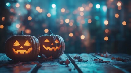 Two Glowing Pumpkins on a Wooden Table With Autumn Leaves and Shimmering Lights in the Background Create a Festive Halloween Atmosphere