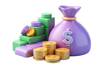 Stacked Golden Coins, Green and Purple Blocks, with Violet Moneybag and Dollar Sign