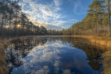 Serene Lake Reflecting Clouds and Trees at Sunset in a Tranquil Forest