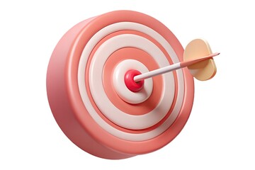 Target Hit Dart in Center of Pink and White Round Target on White Background