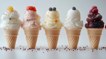 Five Colorful Ice Cream Cones Arranged in a Row Showcasing Different Flavors and Toppings Ready to Be Enjoyed