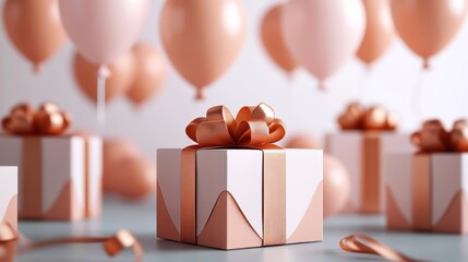 Presents Wrapped in Elegant White and Rose Gold With Balloons Floating in a Festive Atmosphere for a Celebration or Special Occasion