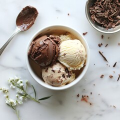 Delicious Ice Cream Trio Featuring Chocolate, Vanilla, and Cookies and Cream Served in a Bowl on a Marble Countertop