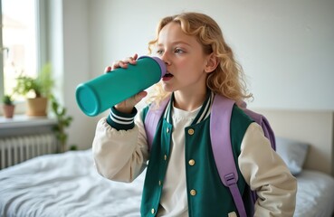 Teen girl drinks water bottle in bedroom before school. Pretty child with backpack wears stylish school uniform. Hydration, healthy lifestyle, morning routine, education theme.