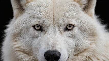 Obraz premium Close-Up Portrait of Majestic White Wolf with Piercing Eyes, Captivating close-up of a white wolf with sharp details showcasing its mesmerizing eyes. 