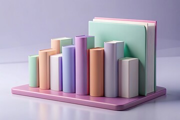 Stacked Pastel Books Array on Pink Shelf Against Lilac Background Display, Book Stack