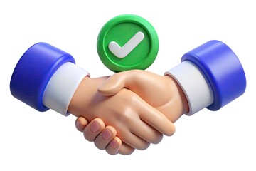 Two Cartoon Hands Shaking with White Check Mark on Green Circle Shape