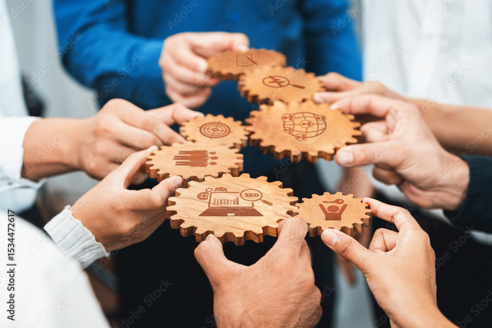 Aufkleber diverse team collaborating on business strategy using wooden gears symbolizing seo, analysis, growth
