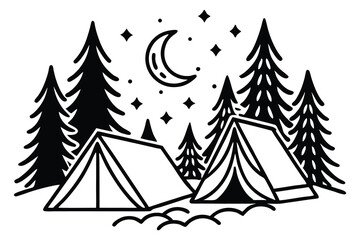 Camping Adventure Silhouette Vector Illustration Featuring Tent Trees and Campfire for Outdoor Designs and Creative Projects