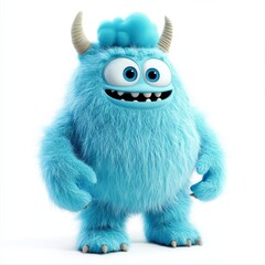 Colorful Blue Furry Monster With Big Eyes and Cheerful Expression Standing on a White Background