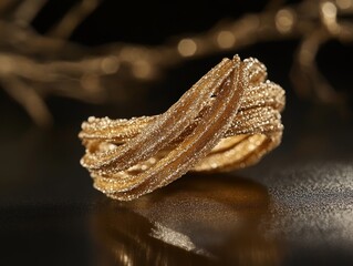 Elegant Twisted Gold Ring Showcasing Intricate Design With Smooth Textures and Sparkling Detail Captured in a Soft Lighting Setting on a Dark Surface
