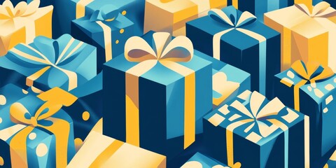 Colorful Wrapped Gifts in Blue and Yellow Arranged Neatly for a Festive Celebration in a Cheerful Setting