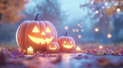 Colorful Carved Pumpkins Illuminate a Fall Evening in a Cozy Neighborhood Decorated for Halloween Festivities