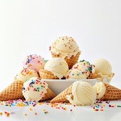 Colorful Ice Cream Cones Arranged in a Tempting Display With Sprinkles on Top, Perfect for Summer Enjoyment at Any Festive Gathering