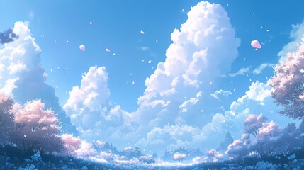 Clouds Drift Gracefully Above a Serene Landscape With Pink Blossoms Under a Bright Blue Sky