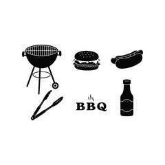 BBQ Silhouette Vector Elements Set – Grill, Spatula, Tongs, Burger, Hot Dog, Bottle, Barbecue Party Art

