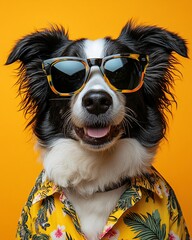 Summer vacation concept with dog on studio background