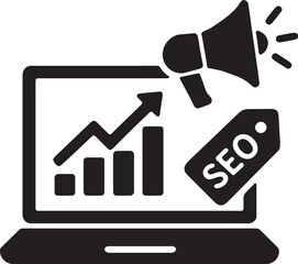 digital marketing seo chart with laptop and megaphone icon