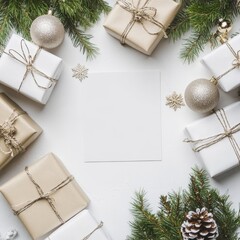 Decorative Arrangement of Wrapped Gifts and Festive Elements Surrounding a Blank Card on a Light Background During the Holiday Season
