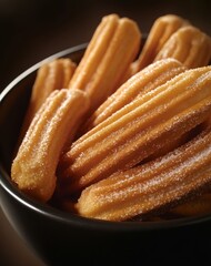 Crispy Churros Served in a Black Bowl With Sugar Coating, Perfect for Dessert or Snacking