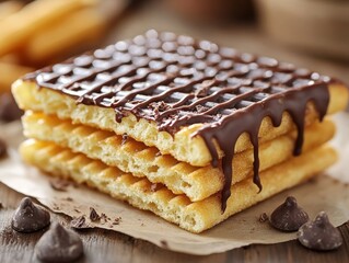 Delicious Layered Dessert With Chocolate Drizzled Over Crispy Wafers on a Rustic Wooden Table During a Cozy Afternoon