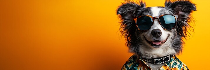 Dog in sunglasses on yellow background with copy space