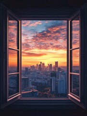 City sunset view from open window