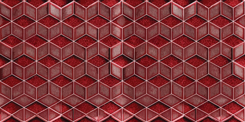 Intricate red hexagonal pattern with textured surfaces and shadows.