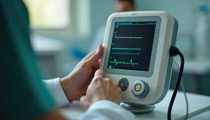 Doctor adjusts electronic pressure monitor. Displays vital signs, patient health data. Healthcare, modern tech in clinic, hospital. Monitoring patient condition. Digital technology, medical equipment.