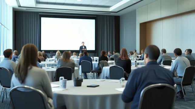 Attendees are seated at round tables in a conference room, listening attentively to a speaker.