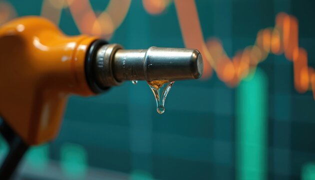 Fuel pump dripping petrol closeup. Gasoline drop from nozzle. Economic, financial, market context with line chart background. Energy supply, transportation, vehicle, service, industry, energy crisis.