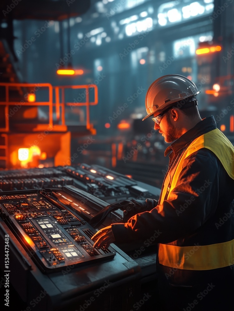 Poster a steel mill operator monitors ai-driven temperature controls in a high-tech industrial environment 